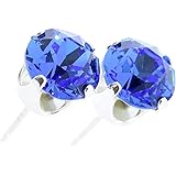 pewterhooter 925 Sterling Silver stud earrings for women made with sparkling Sapphire Blue crystal from Swarovski®. London jewellery box. Hypoallergenic & Nickle Free Jewellery for Sensitive Ears.