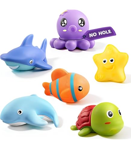 Juguetes De Baño Sin Agujeros – 7 Piezas Flotantes Con Red De Pesca Y 6 Animales Marinos Suaves, Ideales Para Niños De 3 A 6 Años (Colores Claros)