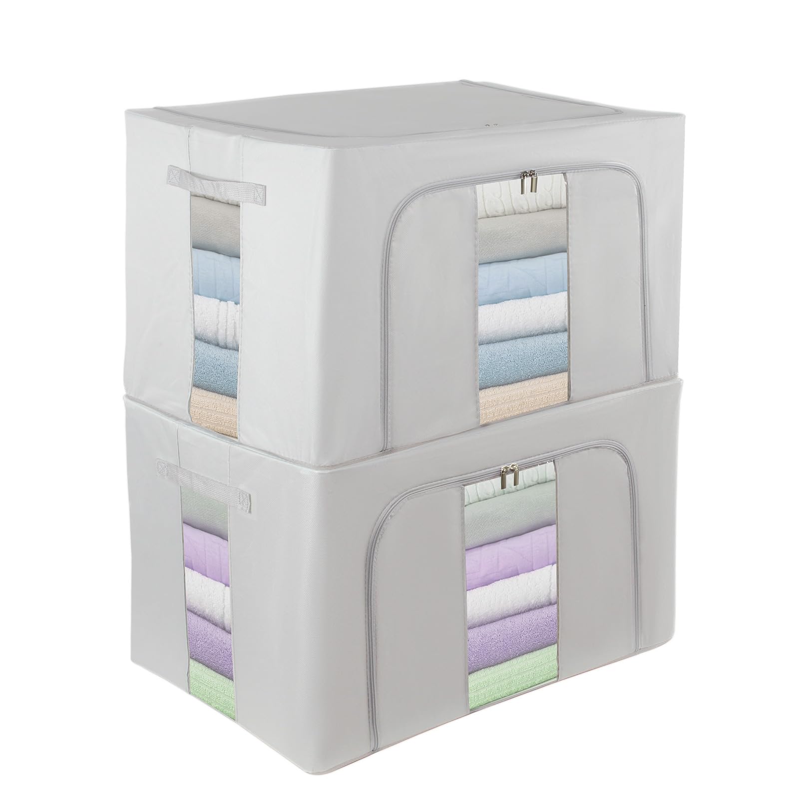 Womanht 2 Pack Closet Organizers and Storage, Foldable Oxford Steel Frame Storage Box with Clear Window & Carry Handles, Stackable Storage Bins Boxes for Clothes & Beddings & Blankets-Light grey 100L