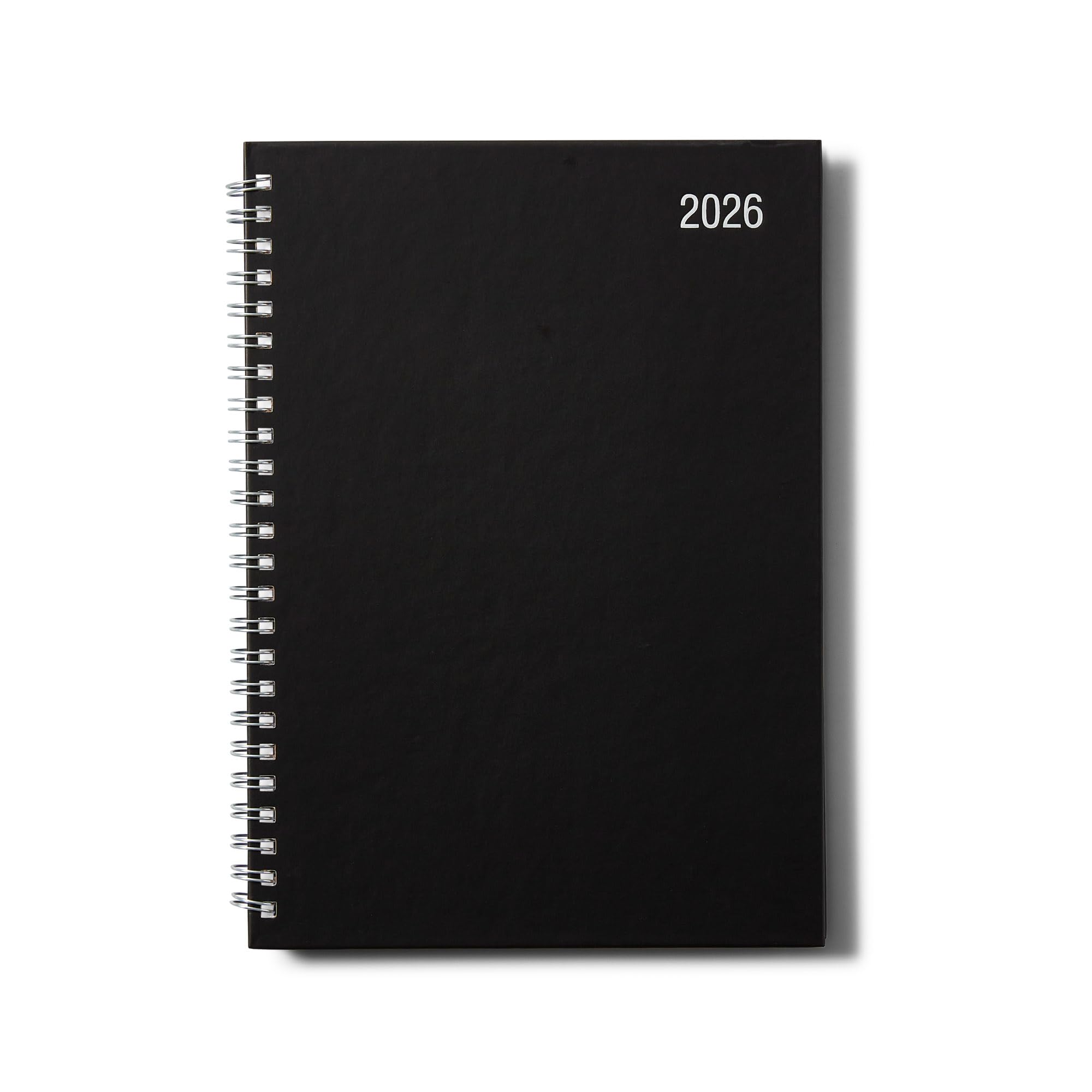 A5 2026 Diary Week to View – Black Executive Spiral Diary with Silver Wire Binding, Weekly Planner with Elastic Closure for Office, Work & Home