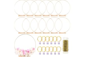 MJRASG 12 Pack Floral Hoop with Stand and LED Fairy Lights 14 inch Metal Rings for DIY Centerpiece Table Decorations Crafts Macrame Rings Hoop Wreath Dream Catcher Rings Wedding Christmas Wreaths, Gold