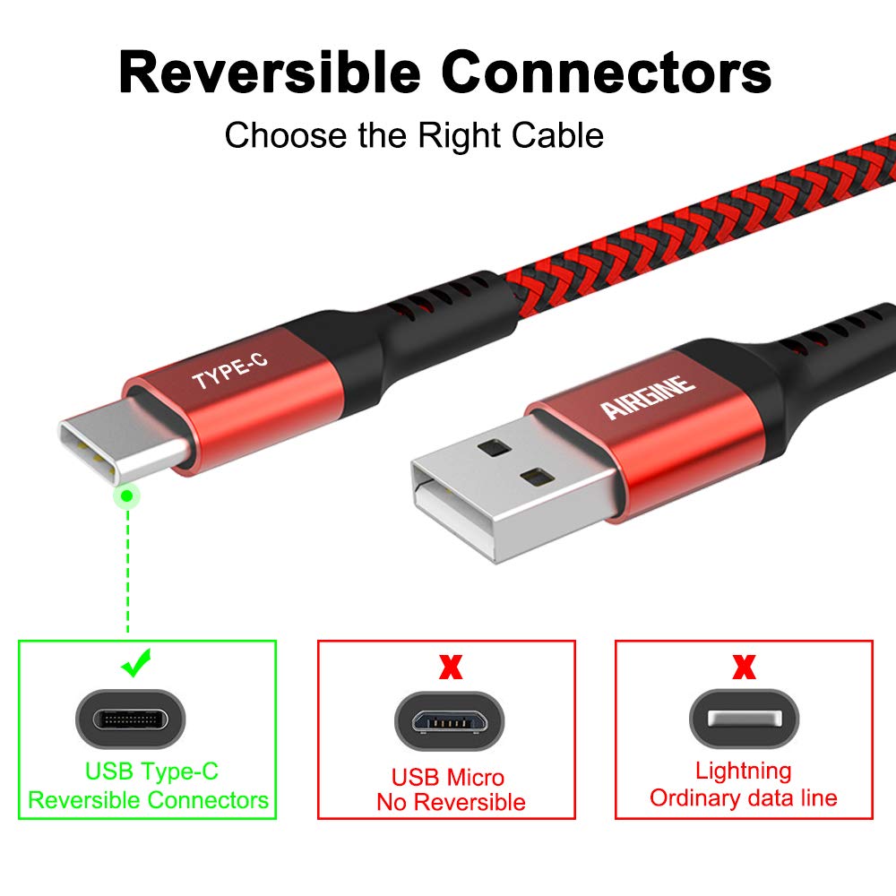 USB Type C Cable, AIRGINE Nylon Braided Fast Charging Cord (2Pack, 6.6ft, Red) Compatible for Samsung Galaxy S9 Plus S8 Plus Note 9 and Other Type C Cable Design Devices