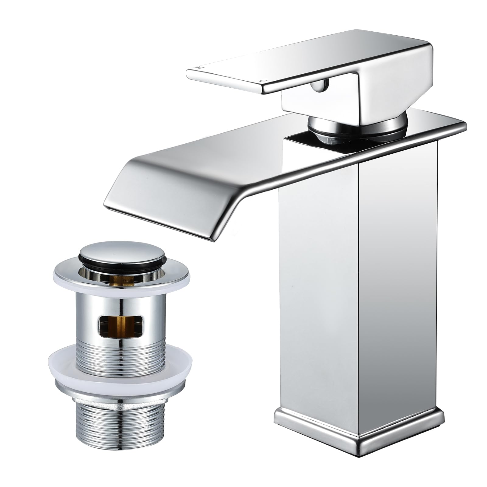 WasserRhythm Basin Taps Mixer Waterfall Bathroom Sink Taps with Pop Up Waste, Monobloc Square Bathroom Mixer Tap 1 Hole Modern Mono Single Lever Stainless Steel Sink faucet with Standard Hoses, Chrome