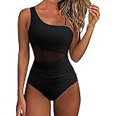SUUKSESS Women Mesh One Shoulder One Piece Swimsuit Tummy Control Bathing Suit