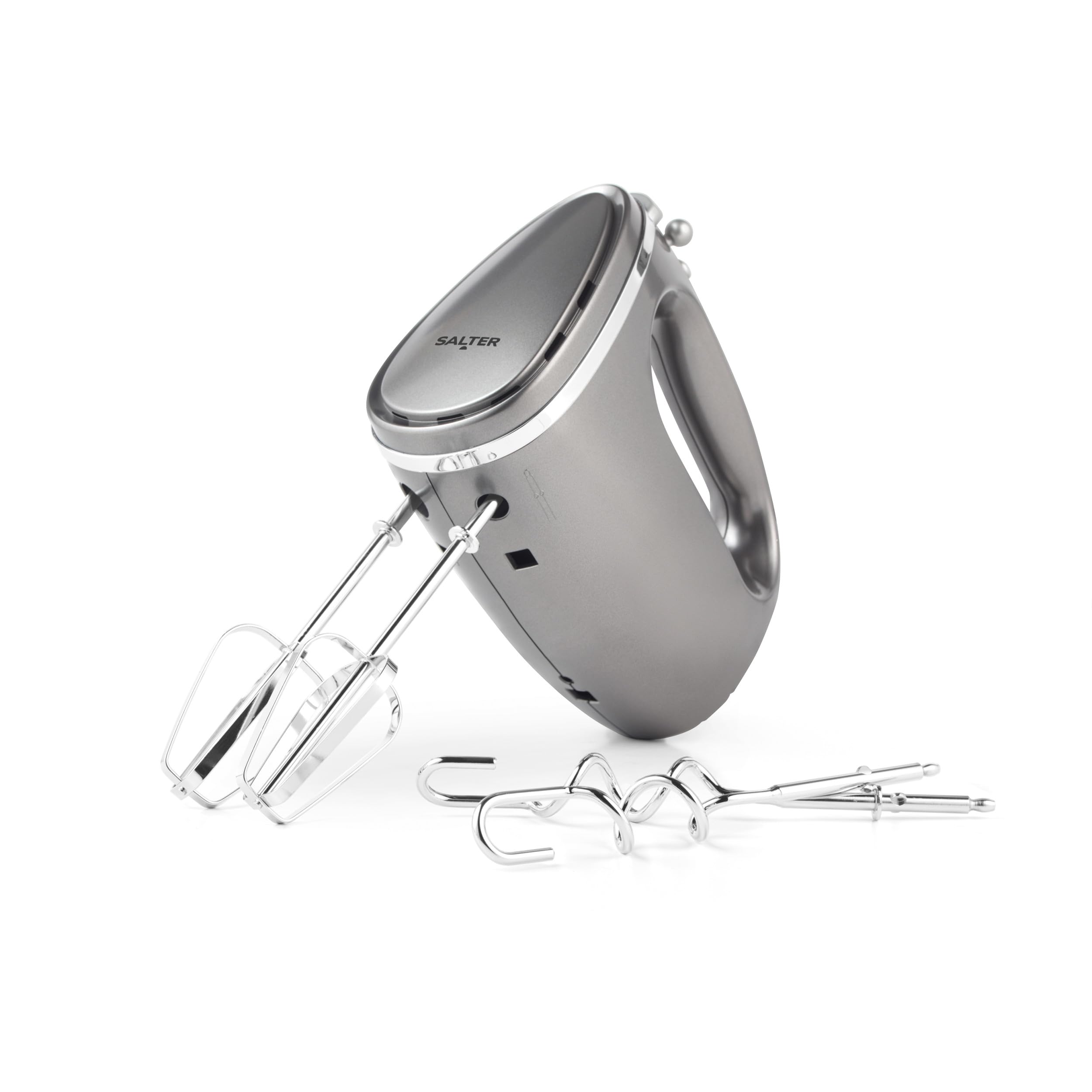 Salter EK4249GUNMETAL Cosmos Hand Mixer – Electric Baking Whisk, 5 Speed With Turbo Setting, Eject Function, Easy Cleaning, Includes 2 x Stainless Steel Mixing Beater and Dough Hooks, Grey, 300W