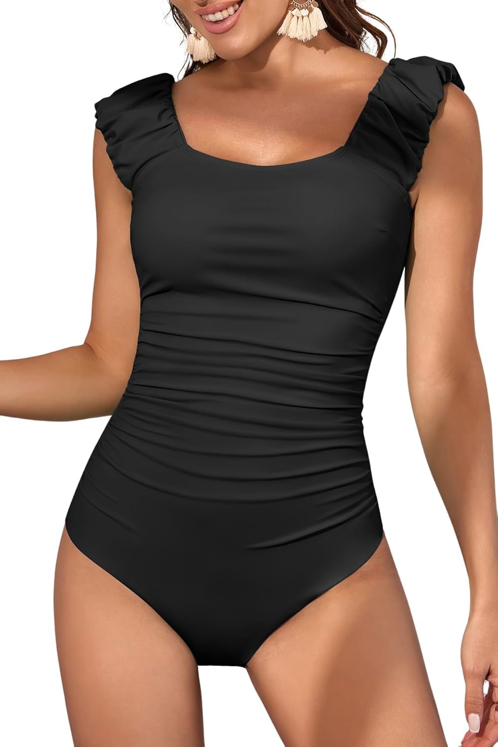 Photo 1 of XL Eomenie Womens One Piece Swimsuits Puffy Sleeves Tummy Control Bathing Suit Tie Back Swimwear Black