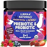 Llama Naturals Kids Probiotic with Prebiotic Fiber, Vegan, Organic Prebiotics and Probiotics Gummies for Gut Health Support, Toddler Real Fruit Gummy Vitamins, No Added Sugar Cane, Mixed Berry, 60 Ct