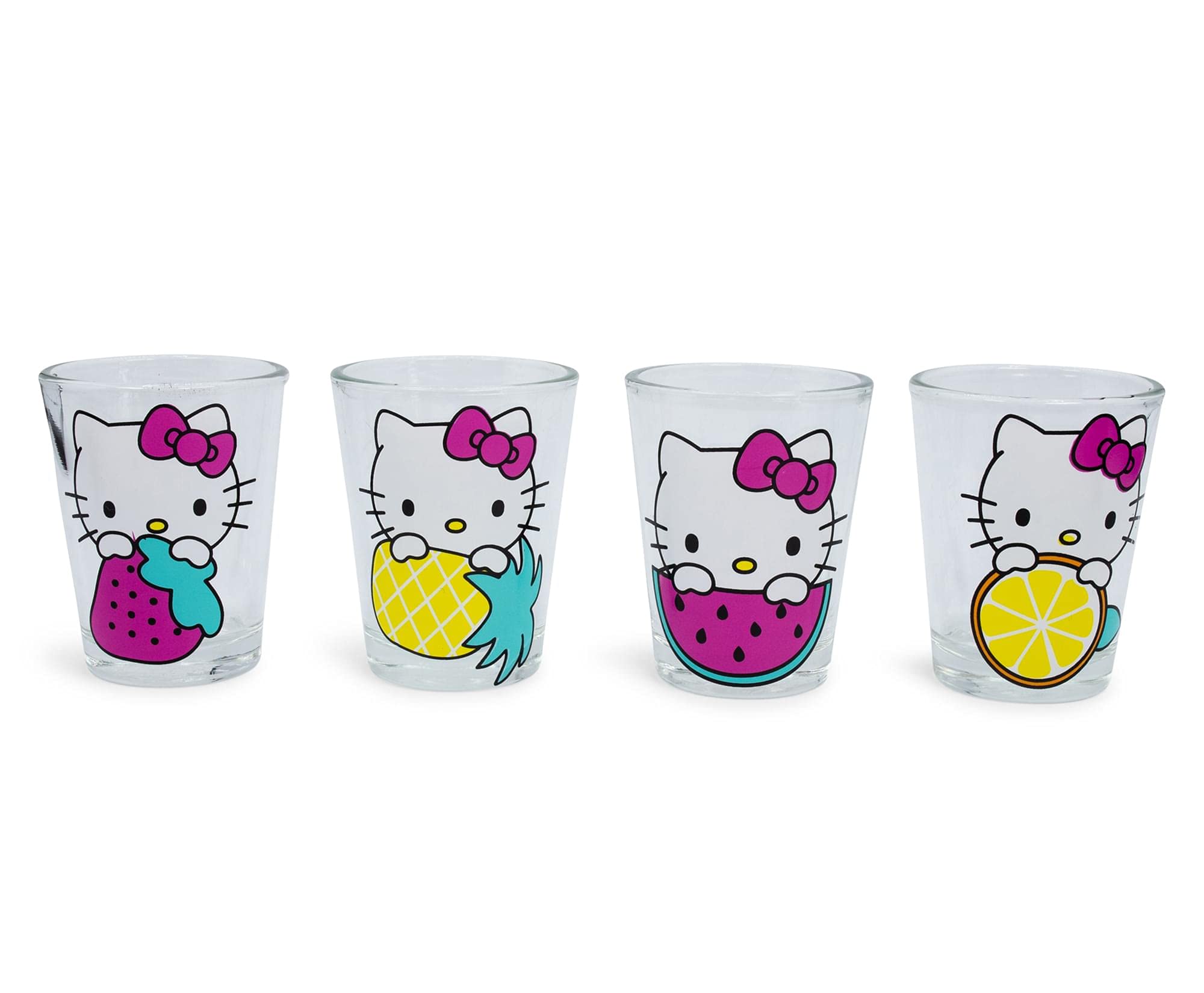 Silver Buffalo Sanrio Hello Kitty Fruit Strawberry, Pineapple, Watermelon, and Lemon 4 Pack Mini Glass Set, 1.5 Ounces
