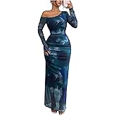 SHENHE Women's Off The Shoulder Dress Long Sleeve Tie Dye Ruched Maxi Cocktail Dresses Fall