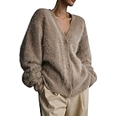 ROMRUM Women's Fuzzy Knit Cardigan Button Down Long Sleeve V Neck Furry Sweater Coat Slouchy Loose Cardigans Outwear