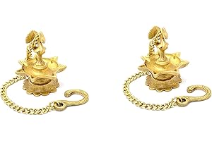 AAKRATI Hanging & Table Brass Diya | Oil Lamp | Home Decor | Diya, Deepak, Deepam (Peacock Diya Pair) with Chain