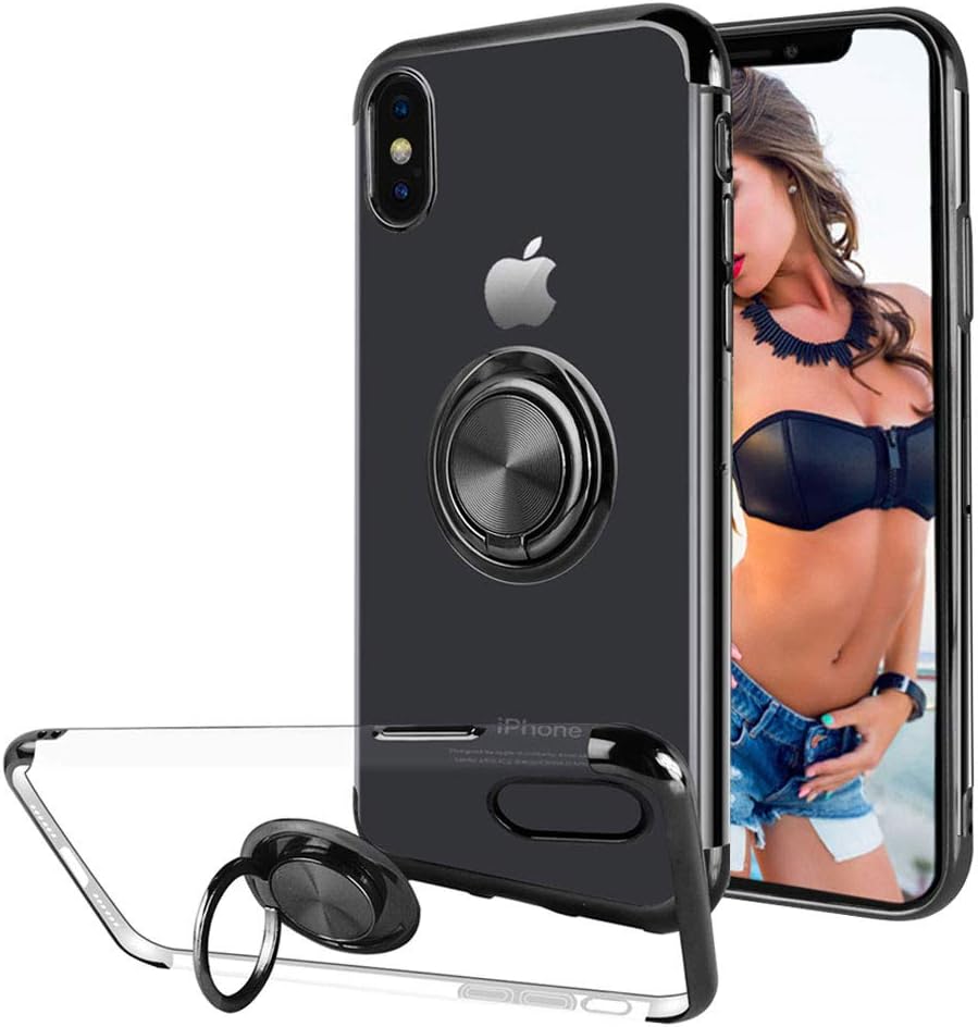 Case for iPhone XR Case Thin Clear Silicone Cover with Stand Magnetic Ring Holder 6.1 inch-Black