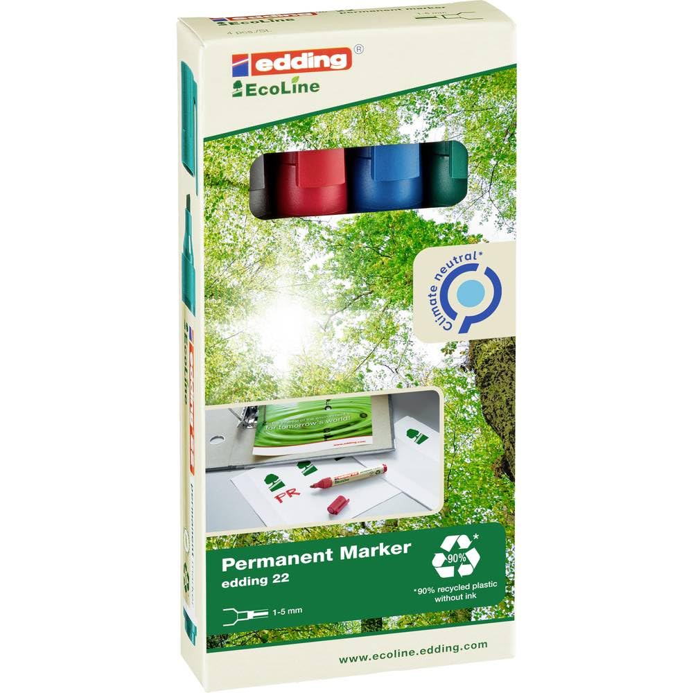 edding 22 EcoLine permanent marker set - black, red, blue, green - 4 pens - chisel nib 1-5 mm - waterproof, quick-drying, smear-proof pens - for cardboard, plastic, glass, wood, metal and fabric
