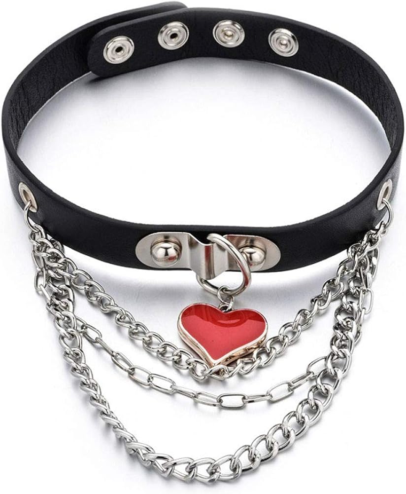 MJartoria Gothic Jewelry-PU Leather Choker Necklace for Women-O-Ring Heart Punk Rock Adjustable Black Collar Choker Cosplayer (Style 1, 2 Pcs): Clothing