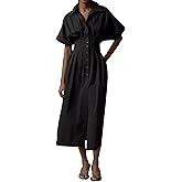 Ceputer Women Striped Button Down Shirt Maxi Dresses Summer Pleated Short Sleeve Collar Casual Corset Long Dress