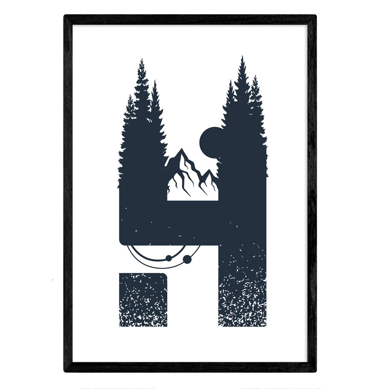 Nacnic Letter H with forest, moon and mountains. Naturaleza.Posters of letters with design. A3 size unframed — image 1