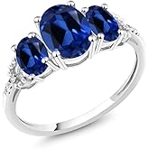 Gem Stone King 10K White Gold Oval Blue Created Sapphire and Diamond Accent 3-Stone Engagement Ring For Women | 2.65 Cttw | Gemstone Birthstone | Wedding Engagement Anniversary Promise Ring