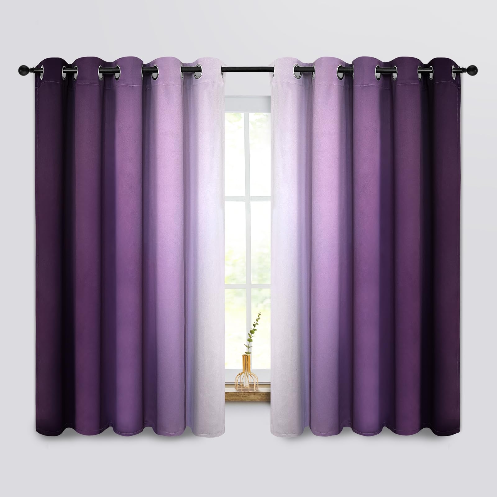COSVIYA Ombre Purple Curtains 63 Inch Length 2 Panels, Grommet Room Darkening Light Blocking Insulated Thermal Gradient Window Drapes for Bedroom/Living Room, 62x63 Inches
