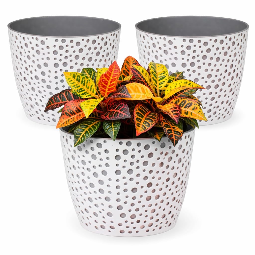 Home Garden Ornaments Plant Pots Indoor, Indoor Plant Pot - Vero Decorative Flower Pots with Basket and Insert, Set of 3 (Diameter: 19cm, Colour: White and Grey)