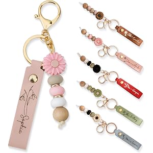Phexilo Personalised Birth Flower Beaded Keychain, Custom Name Leather Bag Charm, PU Leather Keychain with Daisy Bead Pendant