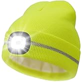 MELASA Fleece Lined Reflective Stripe Hat with The Light, USB C Rechargeable Safety High Visible LED Beanie Suitable Running