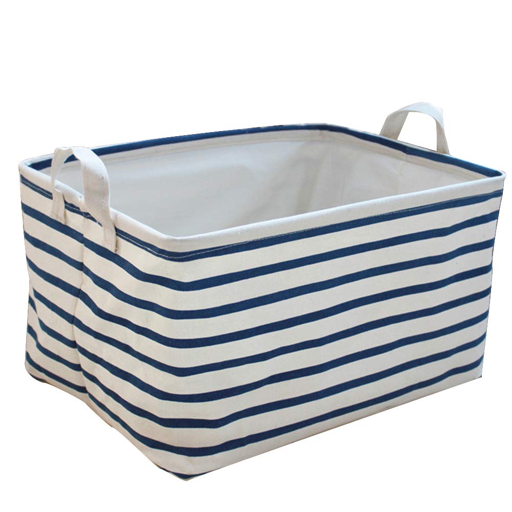 Cinotech Toy Storage Bins Canvas Collapsible Storage Basket with Handles Blue Striped Toy Organizer for Nursery,Kid\'s Toys,Closet & Laundry,Gift Basket,15 * 11.8 * 8.7\'\'
