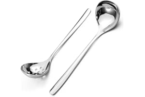 Realand 2Pcs Small Ladle and Slotted Spoon, Heavy Duty 304 Stainless Steel Gravy Ladle Mini Soup for Serving, Skimmer Straine