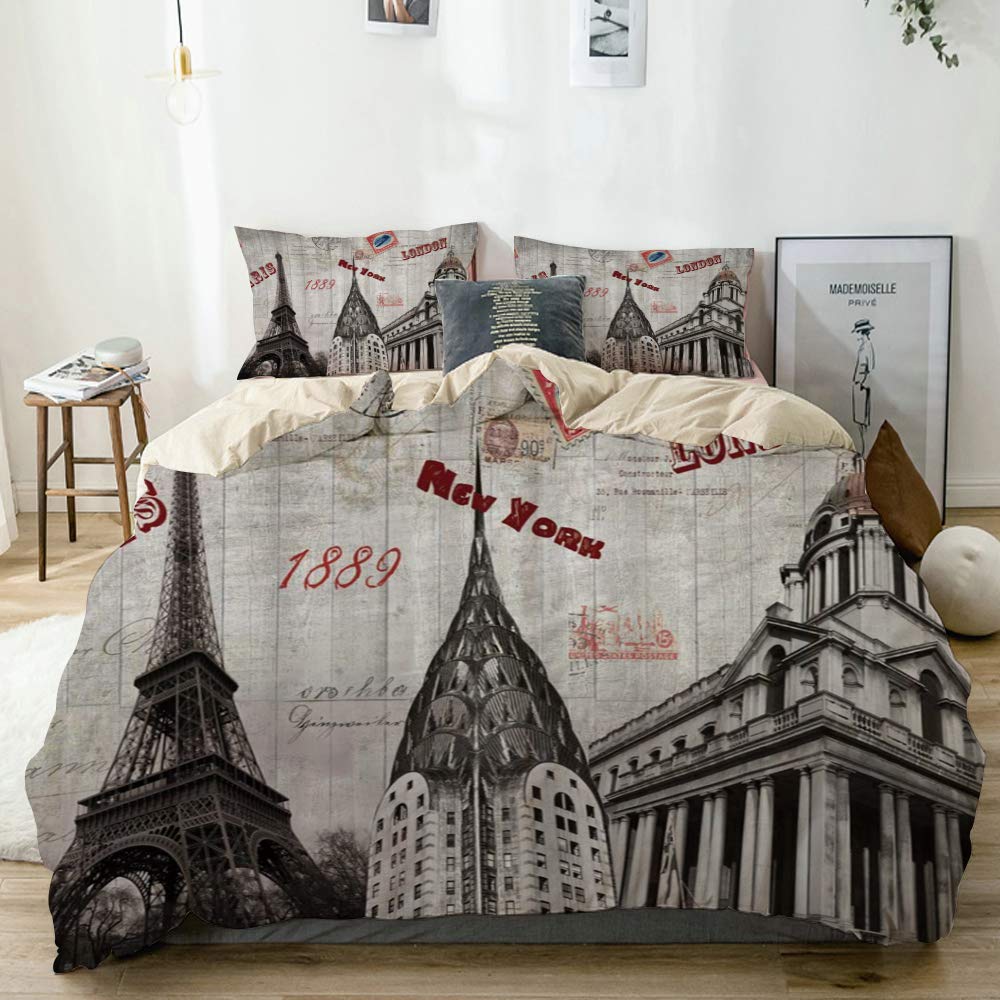 Mokale Duvet Cover Queen,Retro London New York Paris Urban Landmark Eiffel Tower Chrysler Building Tower of London Architecture Scene with Stamp,3pcs Bedding Set with 2 Pillow Shams,Reversible Beige