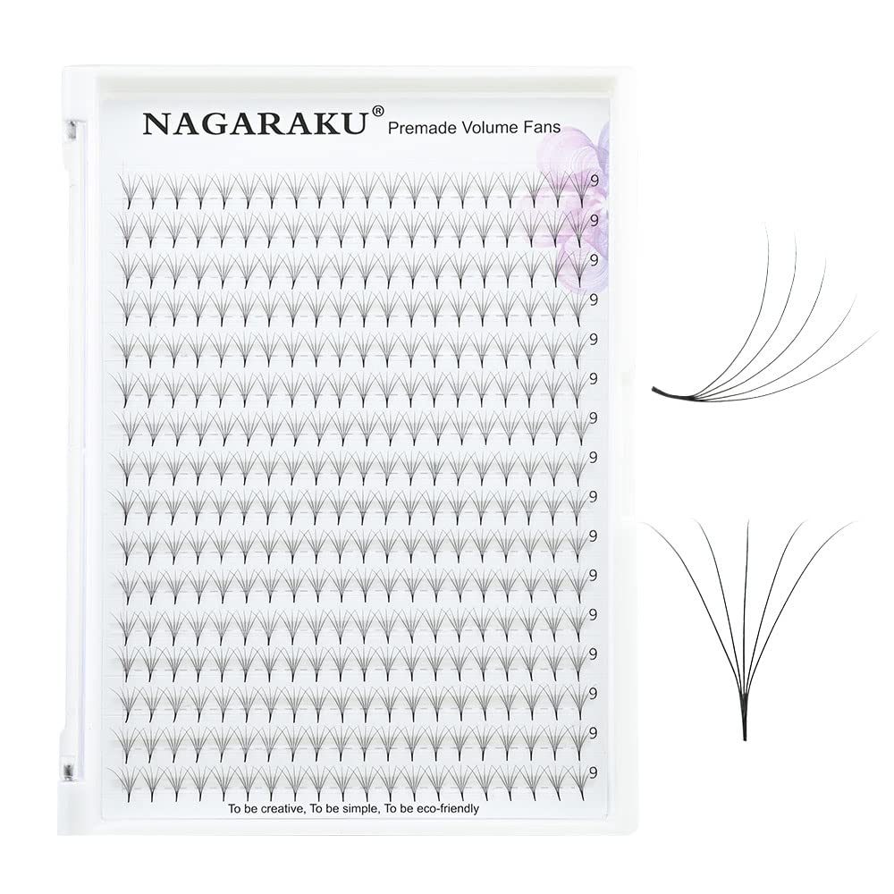 NAGARAKU Eyelash Extensions 320 Clusters Premade Fans Russian Volume Long Stem Premade Fans Thin Pointy Base Natural Pre Fanned Fluffy False Eyelash Black 16 Rows (5D 0.07 D Curl 9mm) — image 1