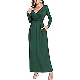 Lacavocor Women's Long Sleeve Deep V Neck Maxi Dress Casual Wrap Waist Long Dress with Pockets