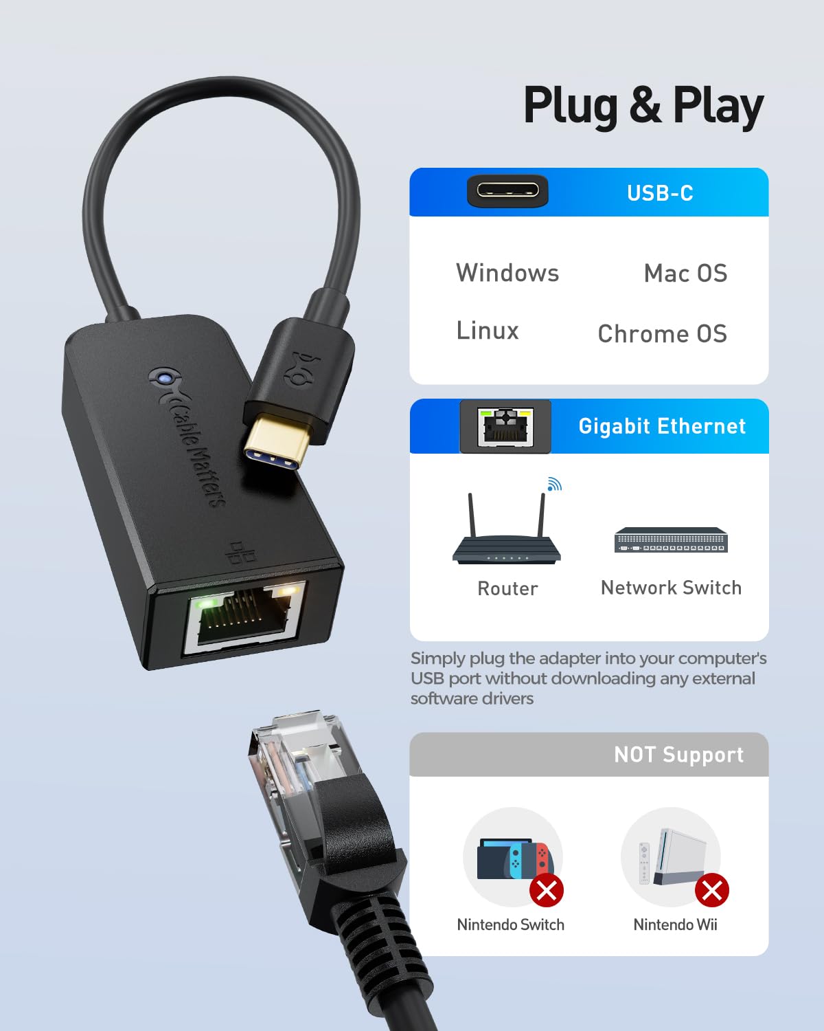 Cable Matters Plug & Play USB C to Ethernet Adapter with PXE, MAC Address Clone (Thunderbolt to Ethernet Adapter, Gigabit Network to USB C) in Black - Compatible with MacBook Pro, XPS, Surface Pro