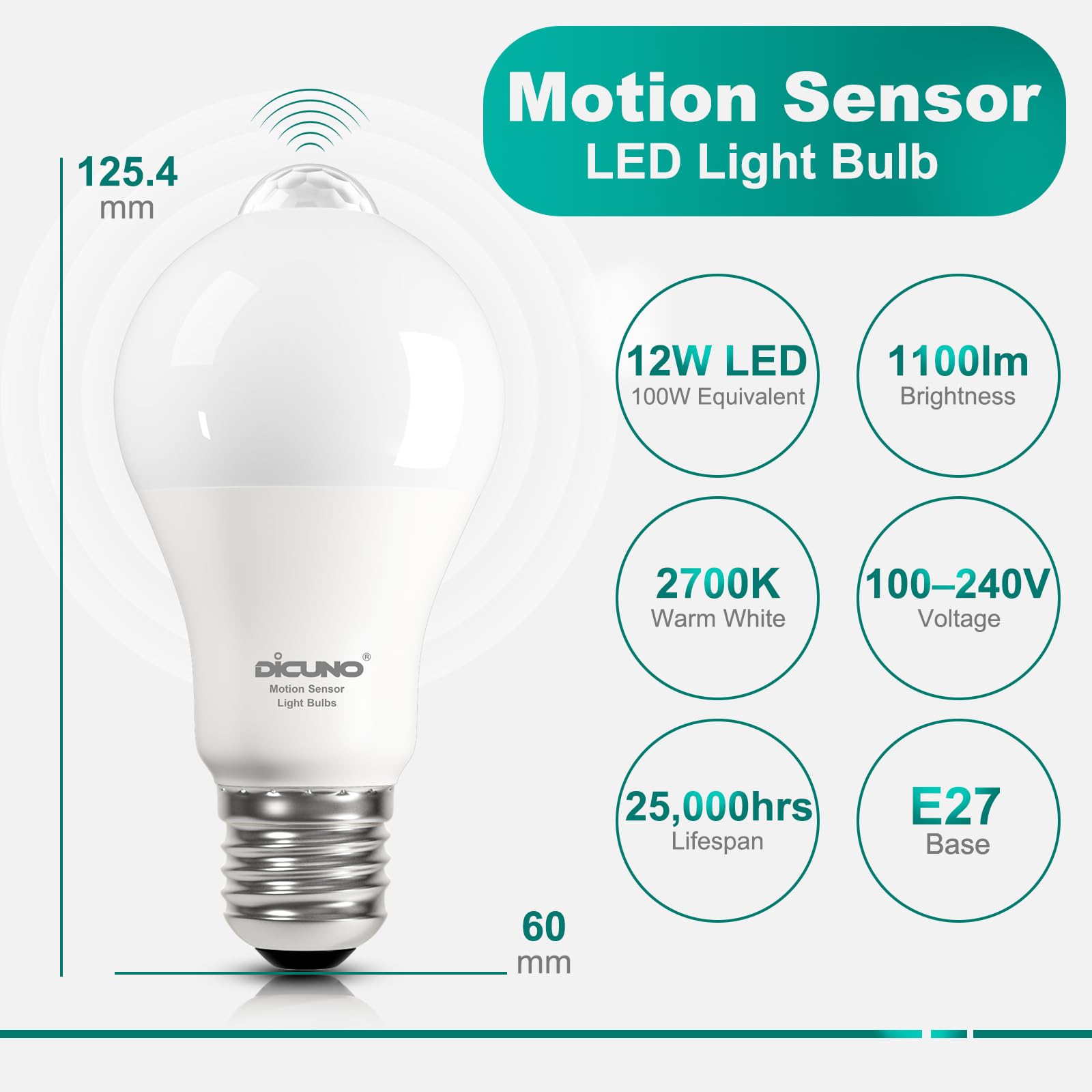 DiCUNO E27 LED Lampe mit PIR-Bewegungsmelder 12W, Warmweiß 2700K, 2er Pack 2