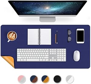 Office Desk Mat Mouse Pad 17 X 34 Inch PU Leather Desk Pad Blotters Table Protector on Top of Desks Laptop Computer Gaming Keyboard Desktop Organizer Waterproof Dual-Sided Desk Writing Mat Blue/Yellow