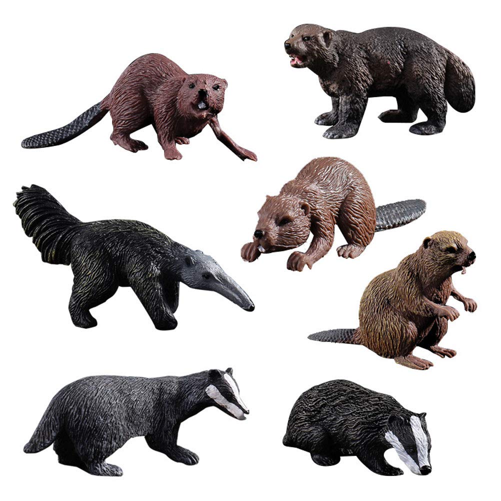 FLORMOON Realistic Animal Figures - 7pcs Animals Action Model Includes Badger Beaver Anteater Wolverine - Educational Learning Toys Birthday Gift Set For Boys Girls Kids Toddlers