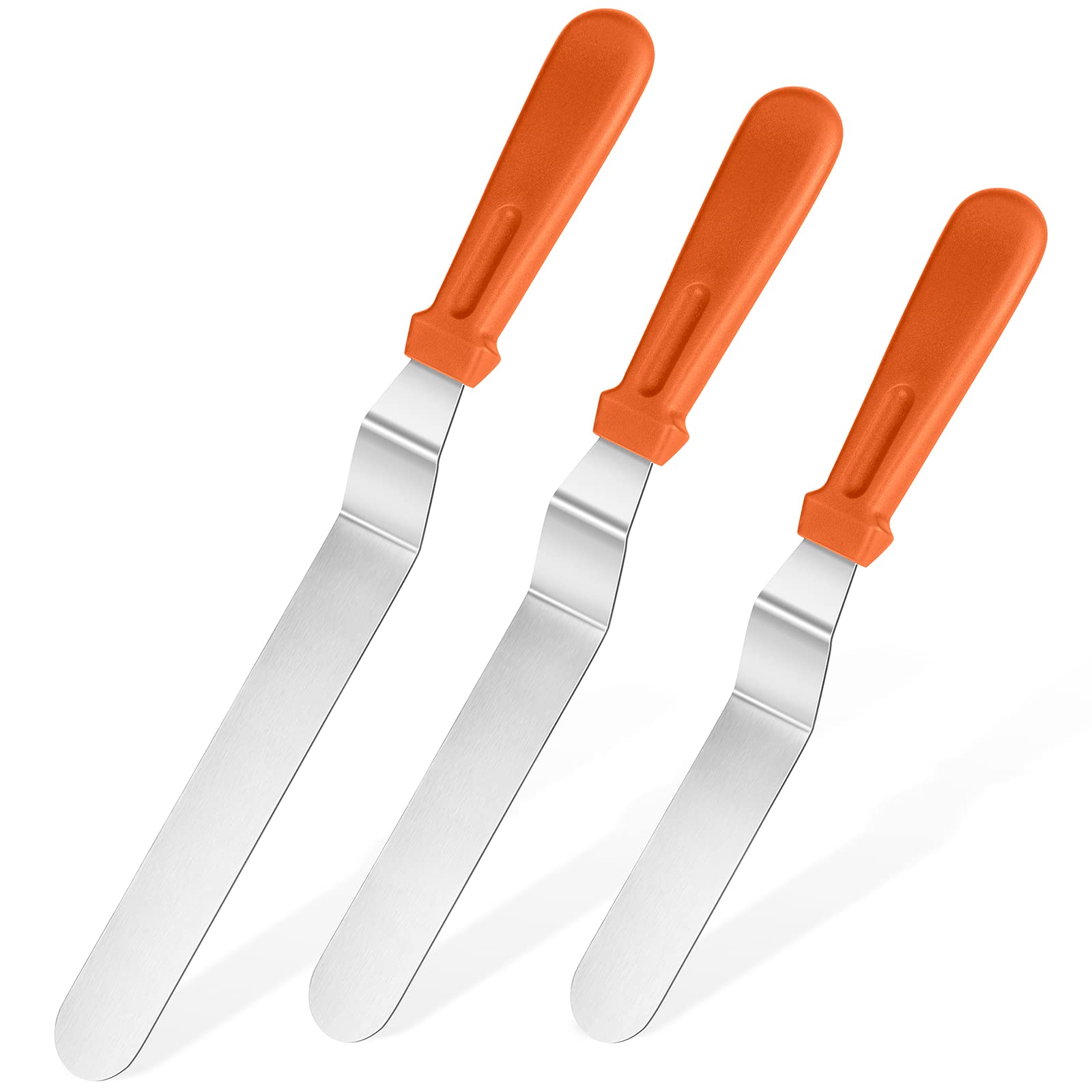 U-Taste Icing Spatula Set of 3: 18/0 Stainless Steel Cake Palette Knife, Angled Offset Spatula for Baking Cake Decorating Frosting, 15/20/25cm Metal Blade with 12cm PP Plastic Handle (Orange)