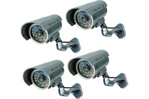 Yuarisx Dummy Security Camera Bullet Fake Indoor Outdoor CCTV Surveillance System with Realistic Simulated LEDs Flashing Lights and Warning Sticker Decals (4 Pack)