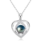 Genuine Tahitian Black Pearl with Moissanite Heart Pendant Necklace, AAA Handselected Black Pearls, D Color Moissanite, 18K White Gold Plated Sterling Silver, 45+2+3mm Adjustable Chain