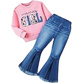 HSOXLQF Toddler Girl Clothes Long Sleeve Cartoon & Letter Graphic Top + Fruit Stationery Print Flared Leg Pants