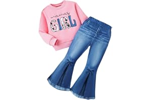HSOXLQF Toddler Girl Clothes Long Sleeve Cartoon & Letter Graphic Top + Fruit Stationery Print Flared Leg Pants
