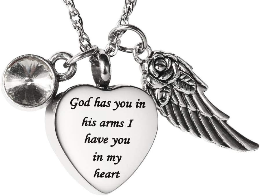 AMIST God Has You in His Arms Cremation Urn Necklaces for Ashes Keepsake with Birthstone and Memorial Angel Wing…