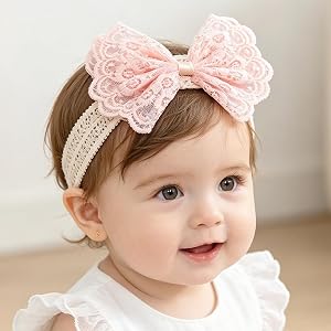 Yheahin Baby Girls White Bow Lace Headband Elastic Embroidered Lace Hair Bow with Pearl Dainty Bowknot Birthday Party Hair Ac