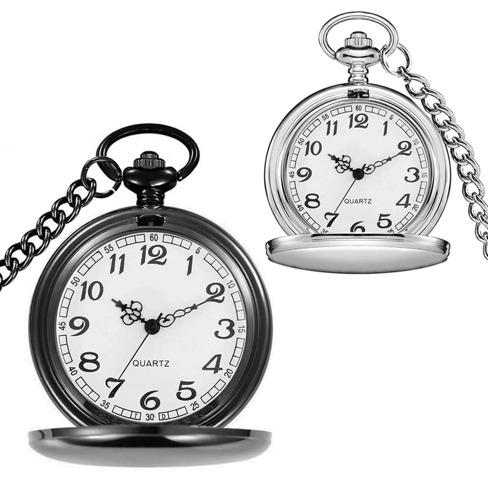 Photo 1 of alladaga Set of 2 Classic Pocket Watch with Chain for Men and Women (Black Silver)
