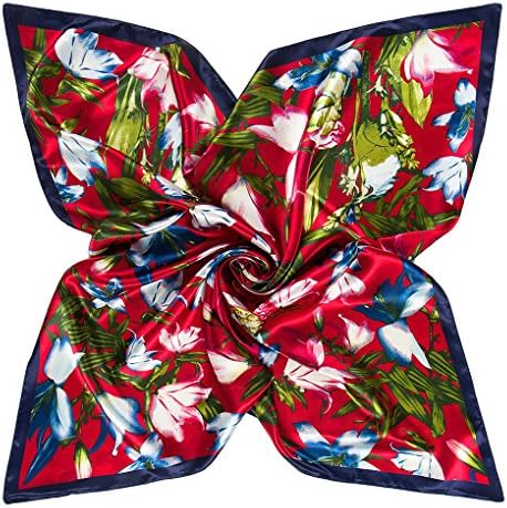 Women's Neckerchief Square Scarf Silk Feeling Polyester Head Bandanas 35" (Blue&Red)