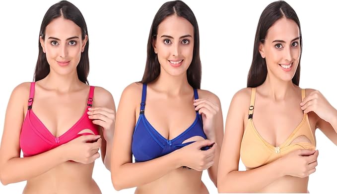 PREMIMUM Women's Cotton Rich Multi-Colour Wired-Free Maternity/Feeding/Nursing Bra Combo (Pack of 3)