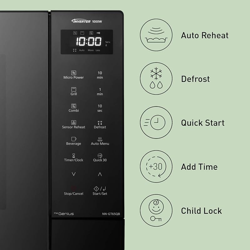 NN-GT65QBEPG 31 L Forno Micro-ondas combinado com grelhador, 1000 W, cozedura combinada, 7 níveis de potência, descongelação turbo, LED, placa giratória, preto