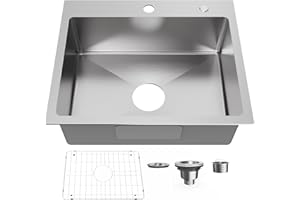 Bathenum 22" x 18" Drop in Kitchen Sink 304 Stainless Steel Single Bowl Topmount Kitchen Sink with Drain Kit and Bottom Grid, Brushed