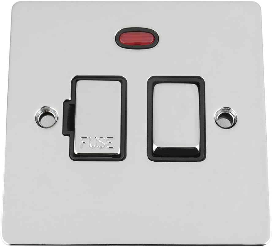 Switched Fused Spur Switch Neon -Polished Chrome -Flat -Black Insert - Metal Rocker Switch