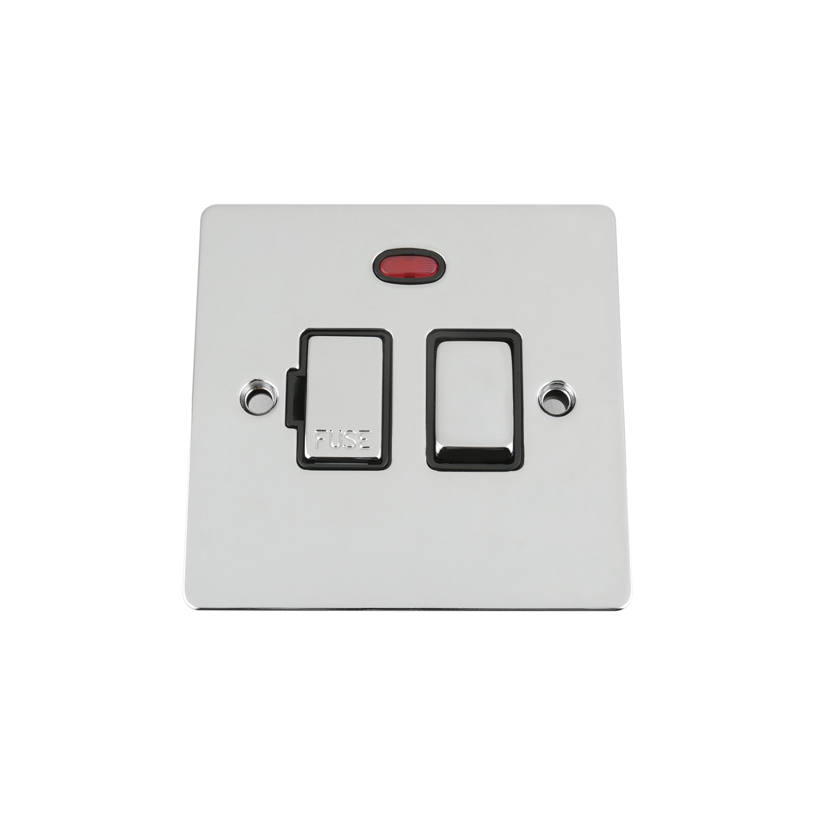 Switched Fused Spur Switch Neon -Polished Chrome -Flat -Black Insert - Metal Rocker Switch