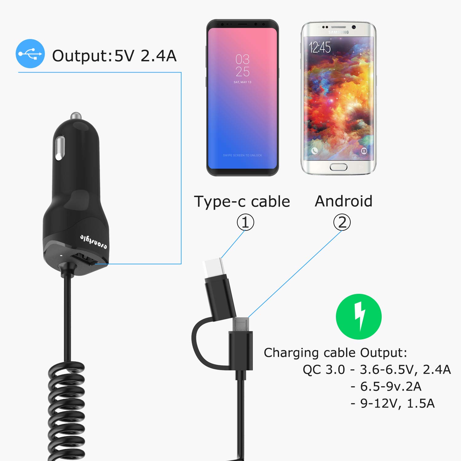 USB Type C and Micro Car Charger,esonstyle Dual USB Car Charger with Quick Charge 3.0 Technology (Black)