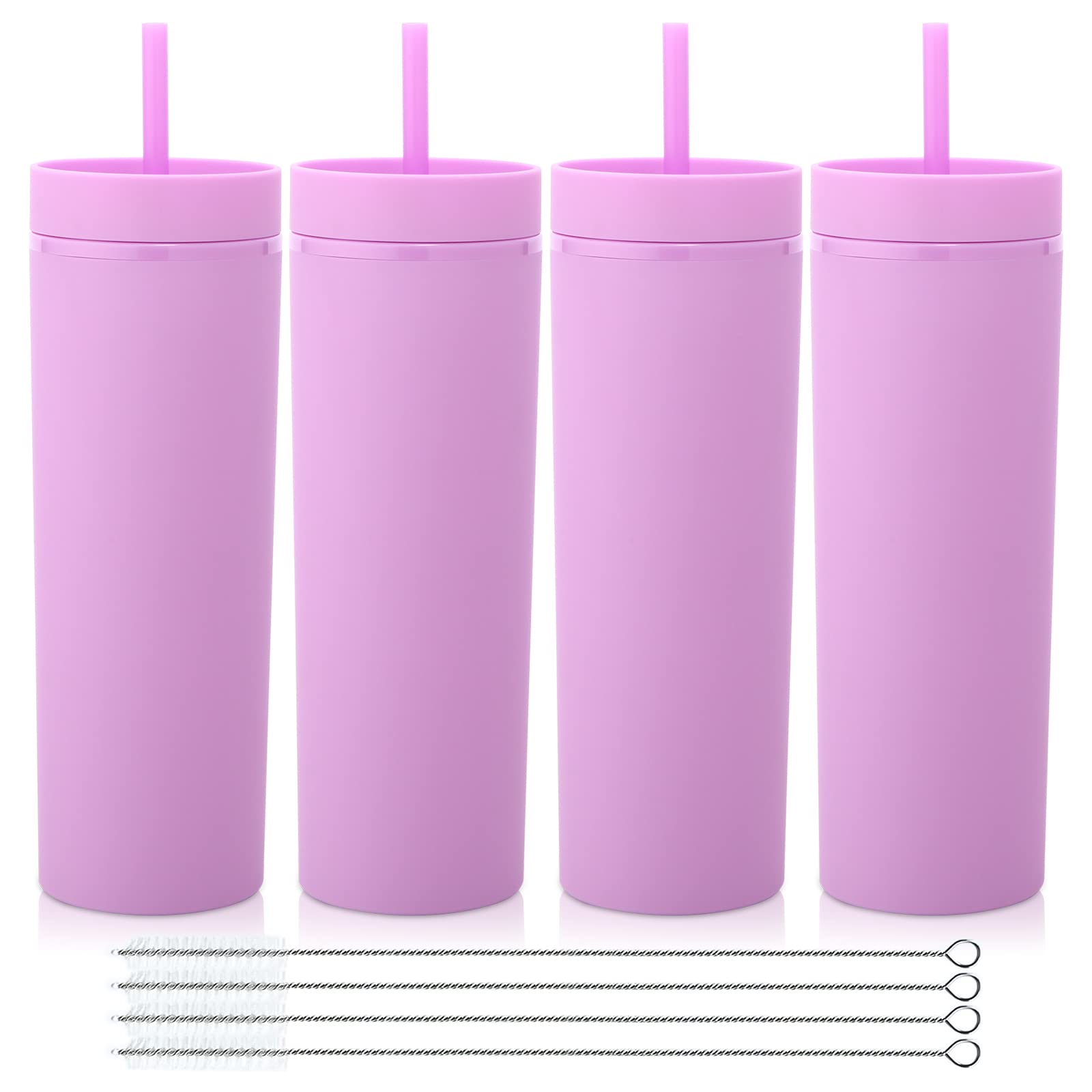 Volhoply 20oz Plastic Skinny Tumblers Bulk 4 Pack,Double Wall Tumbler with Lid and Straw,BPA Free Matte Acrylic Water Cups for Parties,DIY Gift(Purple,4 Set)